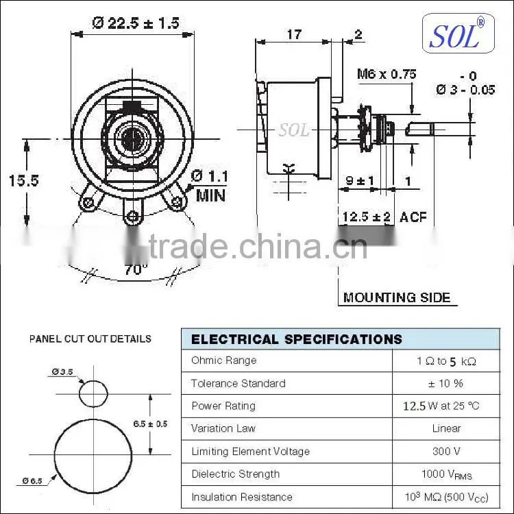 SOL-12w varistor theostat variable reactance attenuator wirewound potentiometer Rheostat resistor - BC1