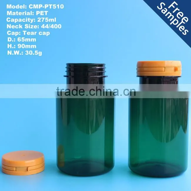PET medicine plastic packaging bottle 275ml, 275cc Pharmaceutical pill capsule bottle with tearing cap