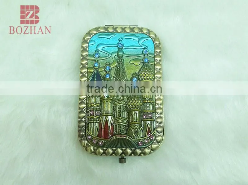 Metal souvenir brass castle rhinestone mirror/antique castle makeup mirror