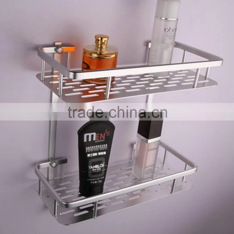 Silver Wall Mounted Bathroom Aluminum Storage Shelf Basket with Hooks