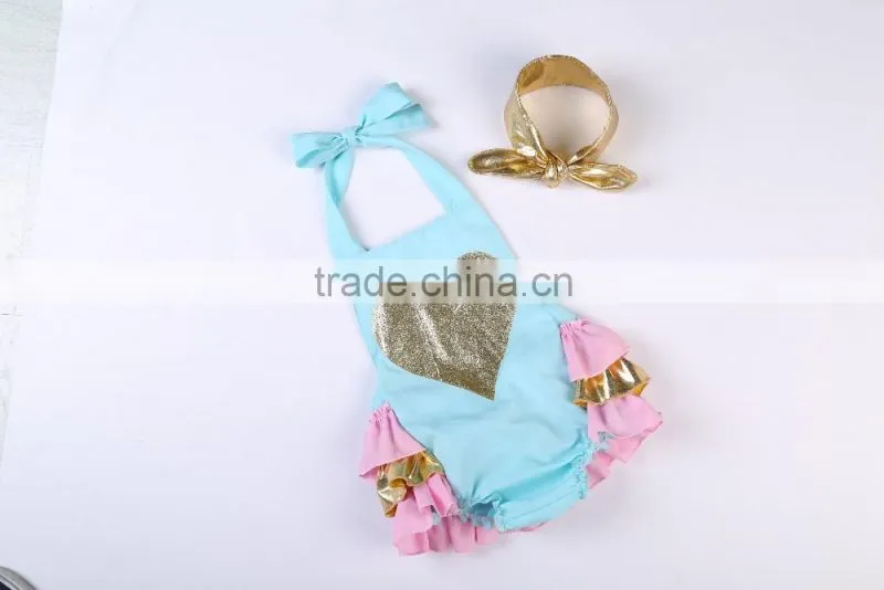 2016 Hot selling ruffle rompers set baby sparkle heart bubble romper with headhand boutique kids summer clothes jumpsuit