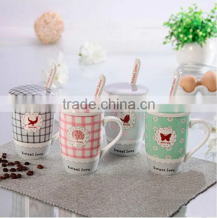 Ceramic mug with spoon,coffee mug with lid&spoon,floral dot travel mug with handle,mug with spoon