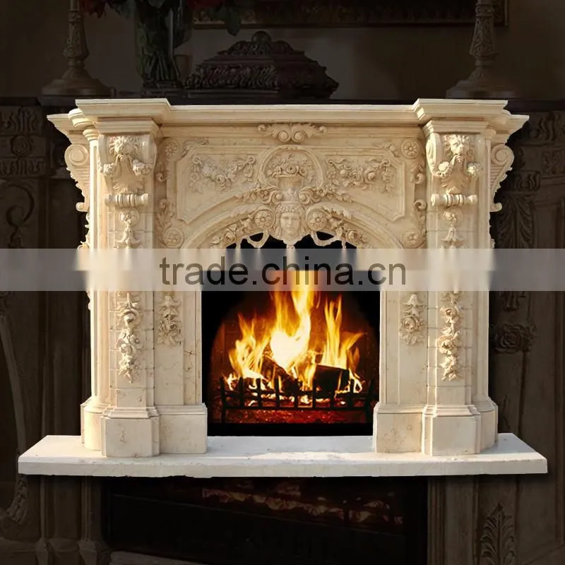Luxury indoor decoration hand carved beige marble fireplace