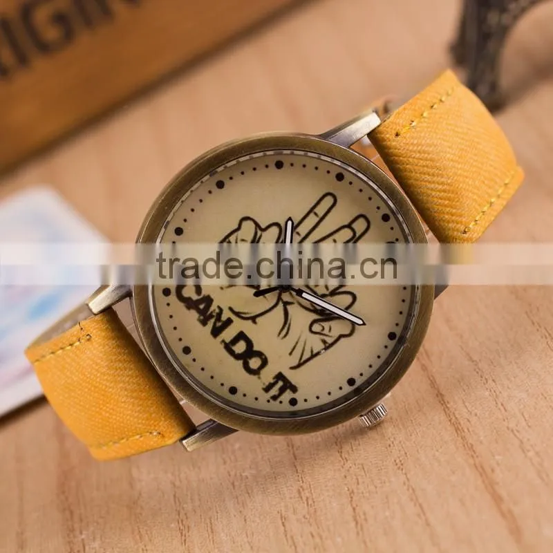wholesale factory price free sample colorful printing thumbs up leather strap quartz watch