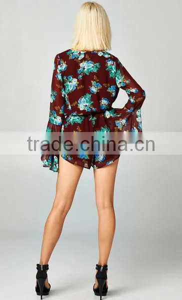 cheap 2015 sexy ladies Long bell sleeve Deep V neck print floral plus size loose short chiffon playsuit romper jumpsuit