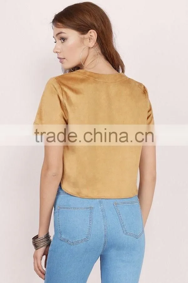 Born Free Tan Faux Suede Lace Up Short Sleeve Crop Top