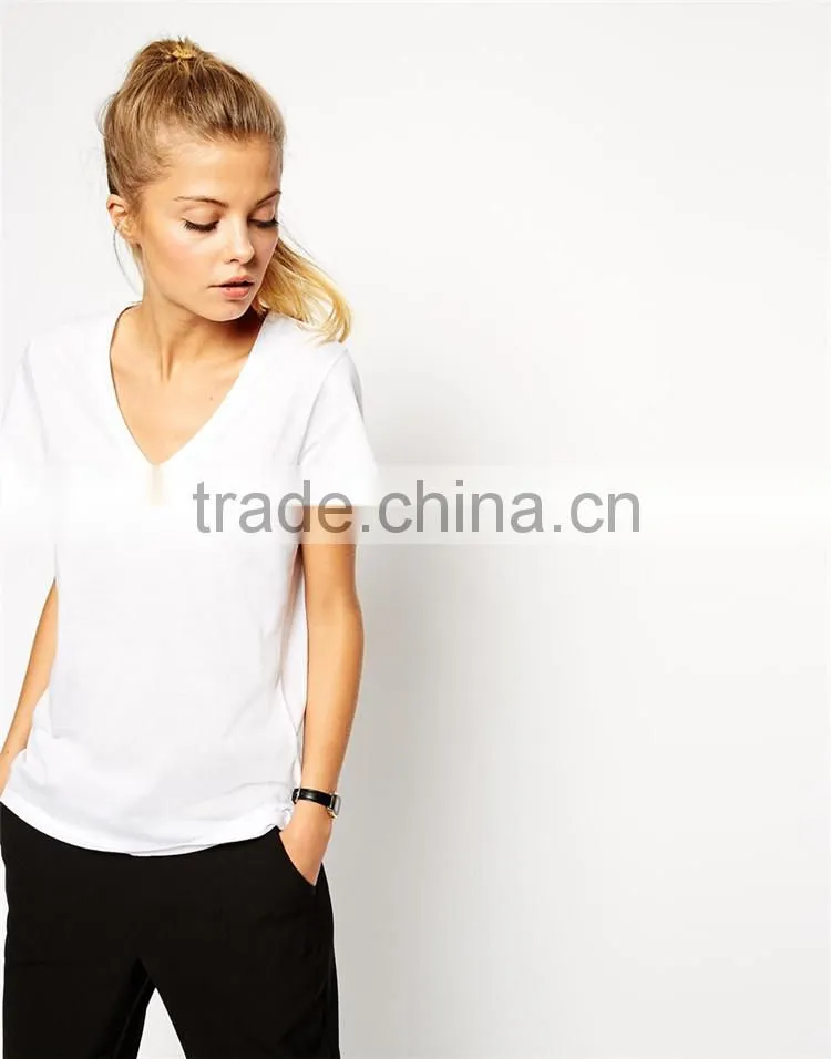 OEM service 100% cotton v neck short sleeve women t shirt plain no brand t-shirt