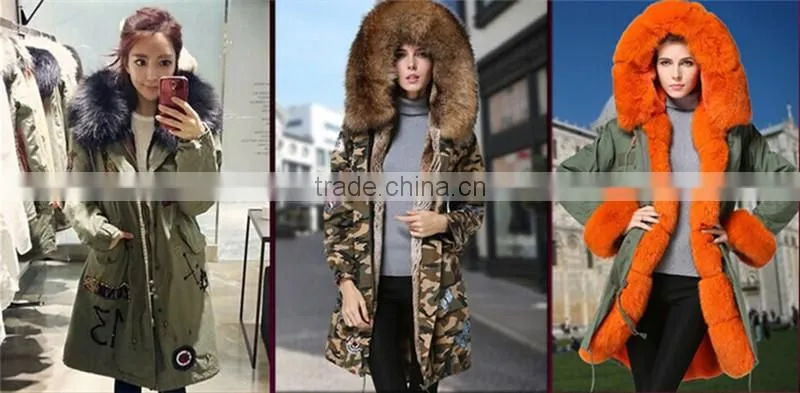 New style orange stripe faux fur lined with raccoon fur collar fur coat for woman