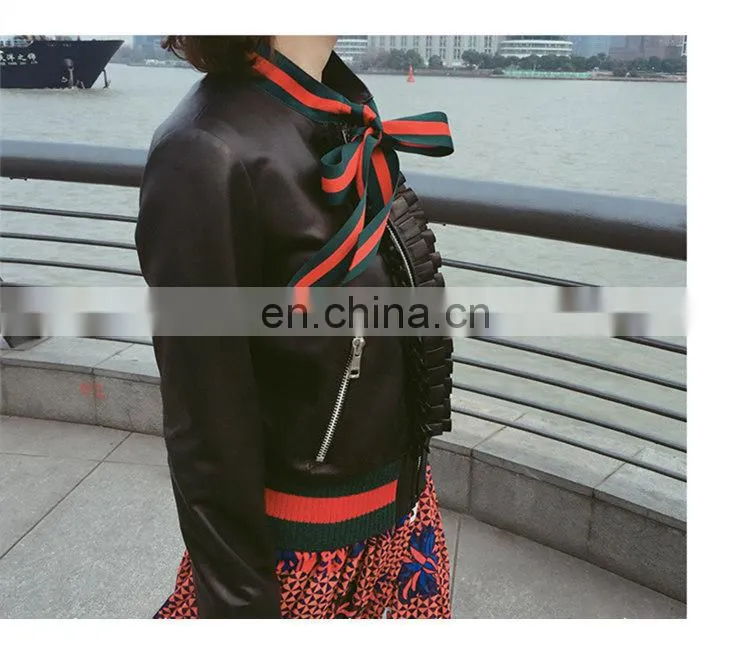 Custom Lady Real Leather Jacket With Ribbon Ribbon Leather Jacket Motorcycle