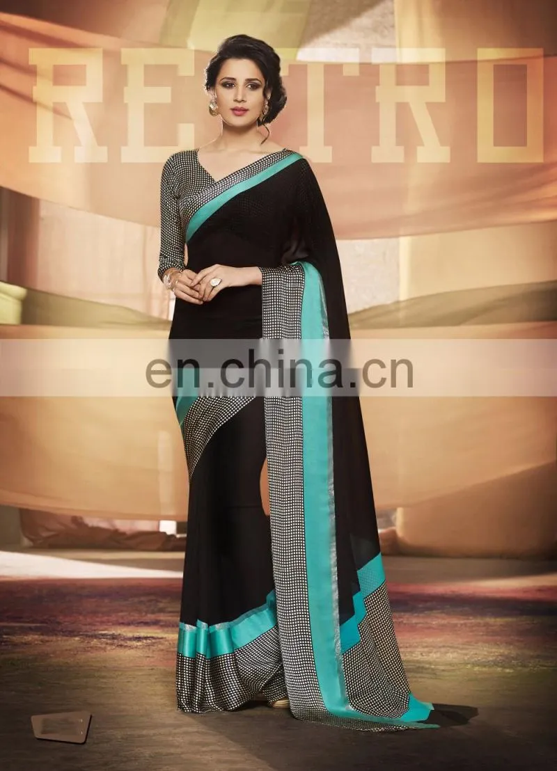 Orange Colored Georgette Satin Printed Saree