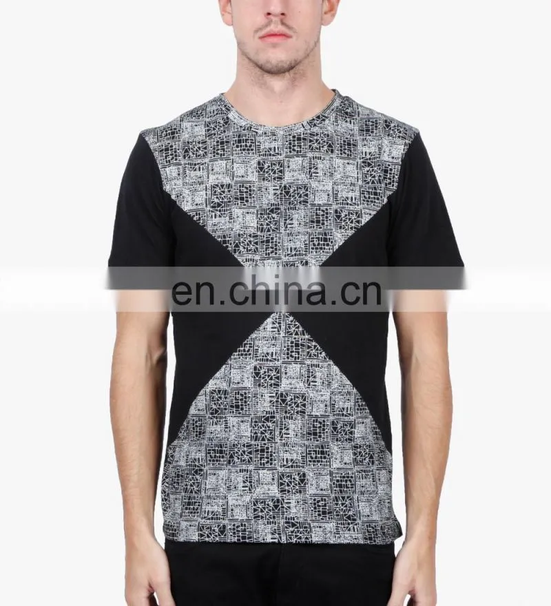 panneled 100%cotton mens fashion t-shirt 2015 short sleeve t-shirts with printed pannels