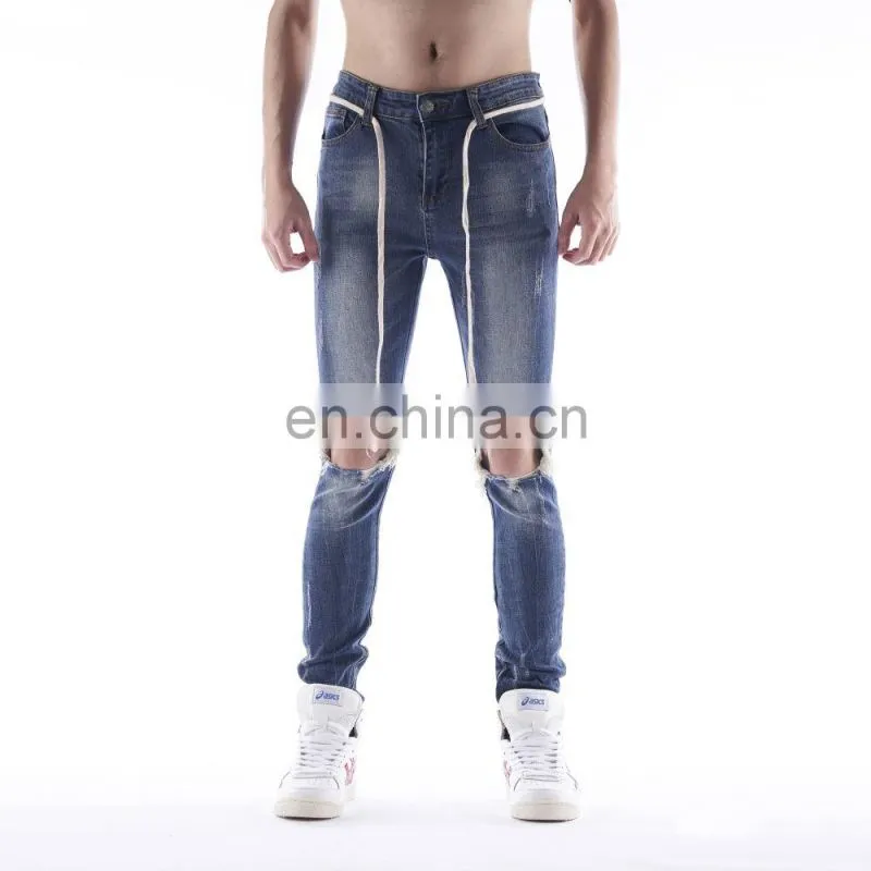 DiZNEW Custom blue stretchy distressed Men ripped holes biker jeans