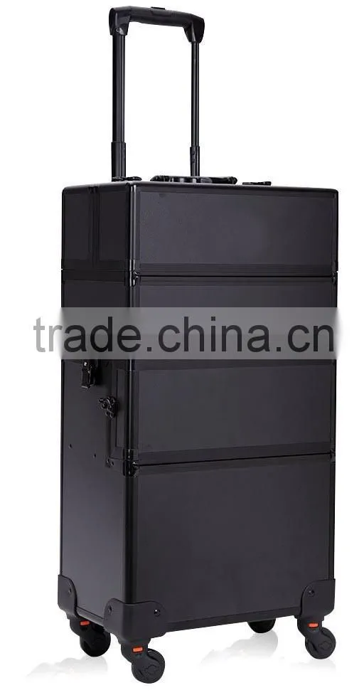 Professional 4-in-1 trolley makeup artist case,professional cosmetic trolley cases,OEM Black rolling aluminum makeup vanity case