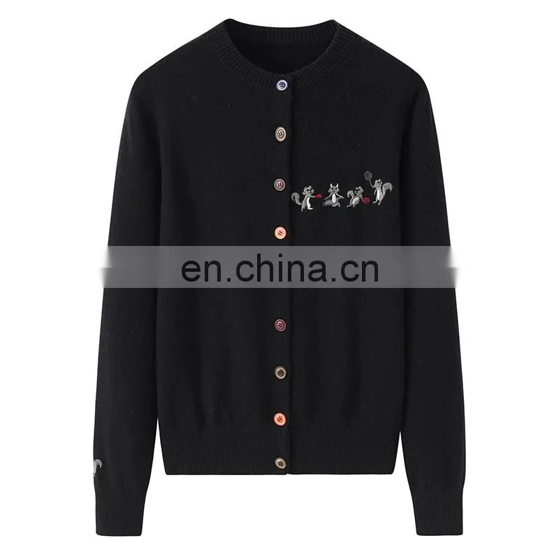 Custom 100% Cashmere Women's Button Knitted Cardigan New Casual Logo Design Crew Neck Single Breasted Closure Animal Winter