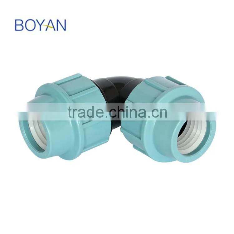 China Wholesale BOYAN zhejiang 20-110mm light blue for irrigation 90 degree elbow band pp commpression quick pipe fitting