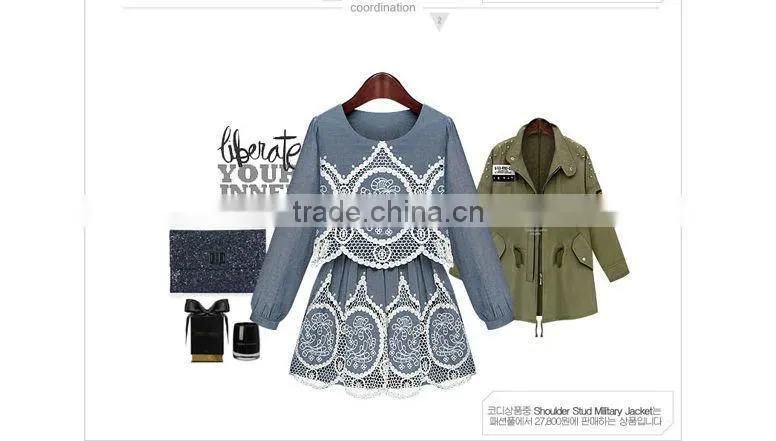 2015 fashion high quality New Arrival hot sale new ladies denim hollow out dress crochet lace pattern denim dress