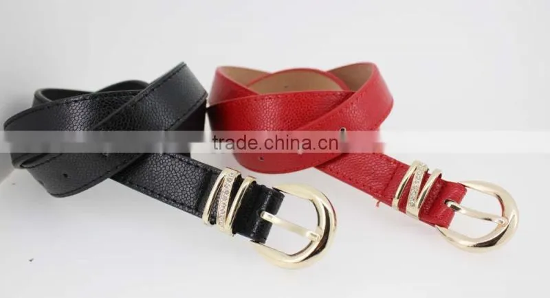 Women's Plain High Quality PU faux leather belt with rhinestone ring in YiWu/Thin waist belt for lady