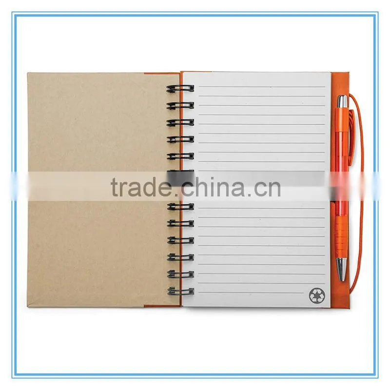 Wholesale office and school supplies imprint kraft paper cover spiral note book with pen