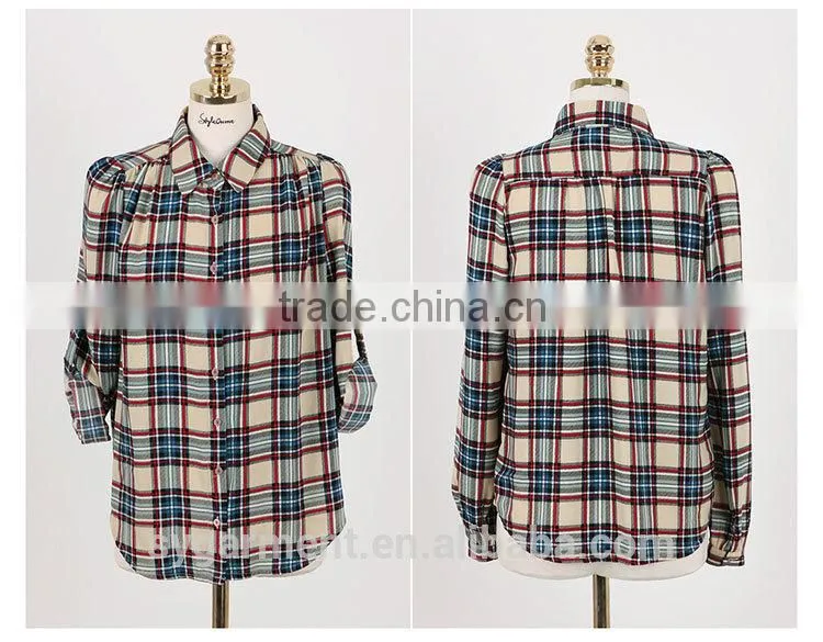 2015 spring Women red and black plaid shirt long sleeve ladies tartan blouse