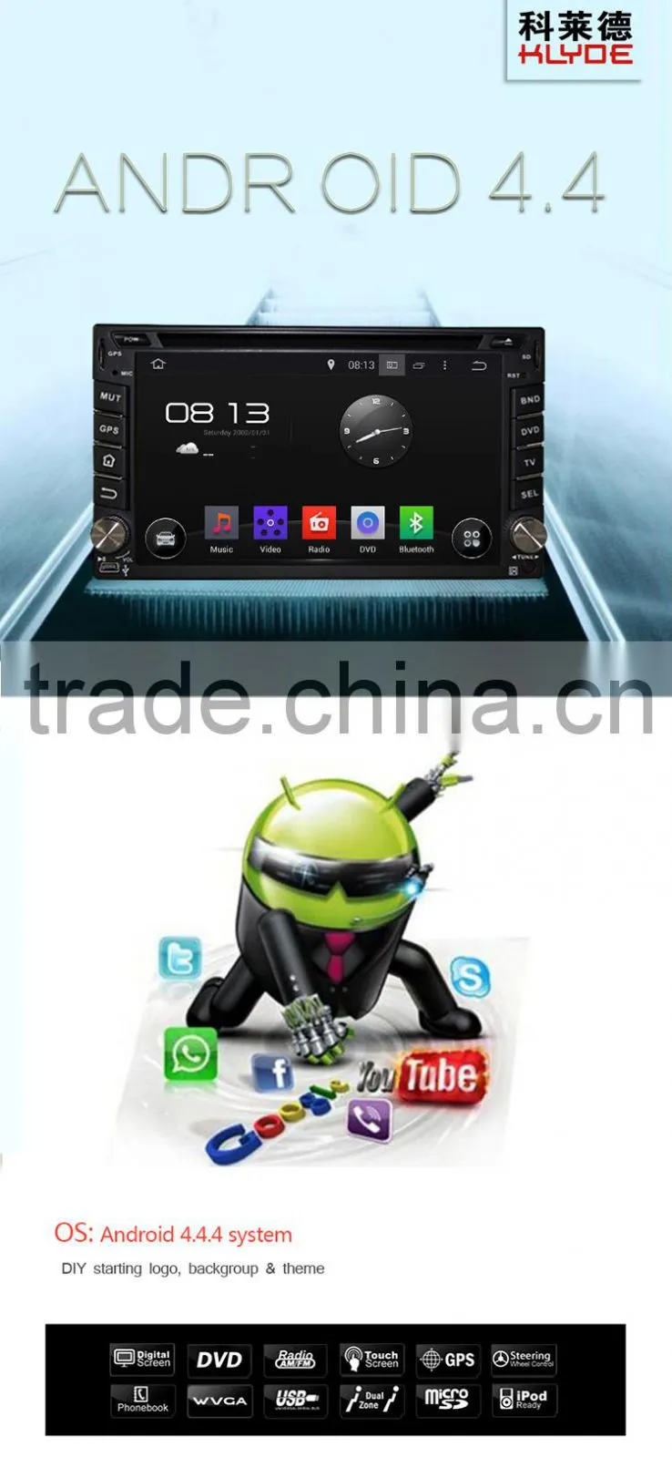 6.2 inch 16 GB quad core Android 5.1.1 for universal touch screen car DVD player