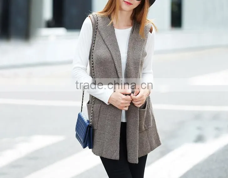 fashion knitted sweater vest, women cardigan sleeveless sweater vest with hood