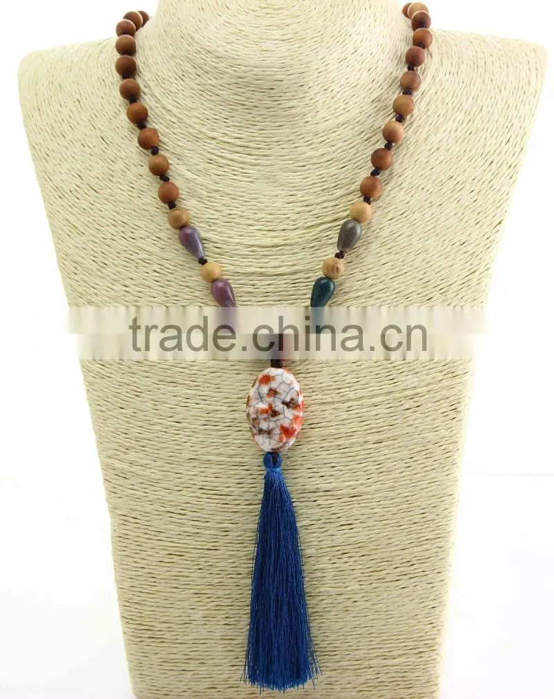 unisex women wooden beaded necklace gemstone pendant necklace with tassel