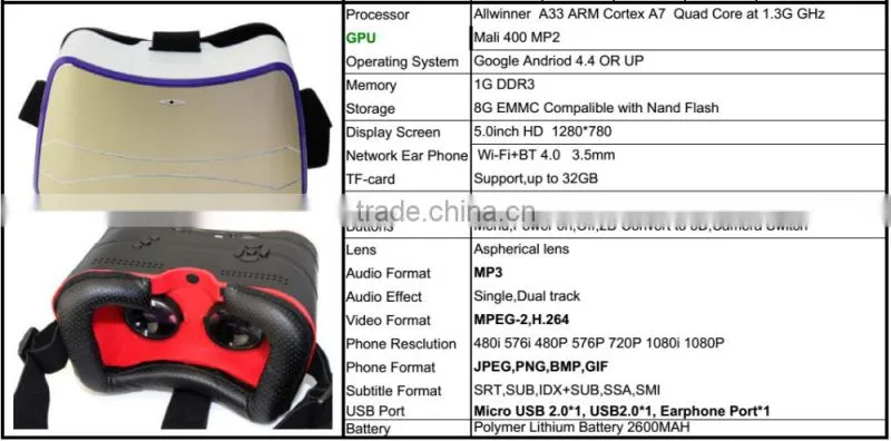5inch 1280*780 Android 4.4 Quad core all in one VR 3D Glasses headset