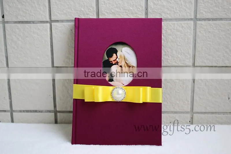 Elegant red violet Silk Covor Wedding Guest Book with you own photo