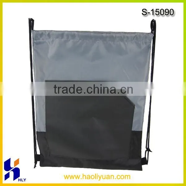 Custom recycled 210D polyester drawstring bags with leather pad
