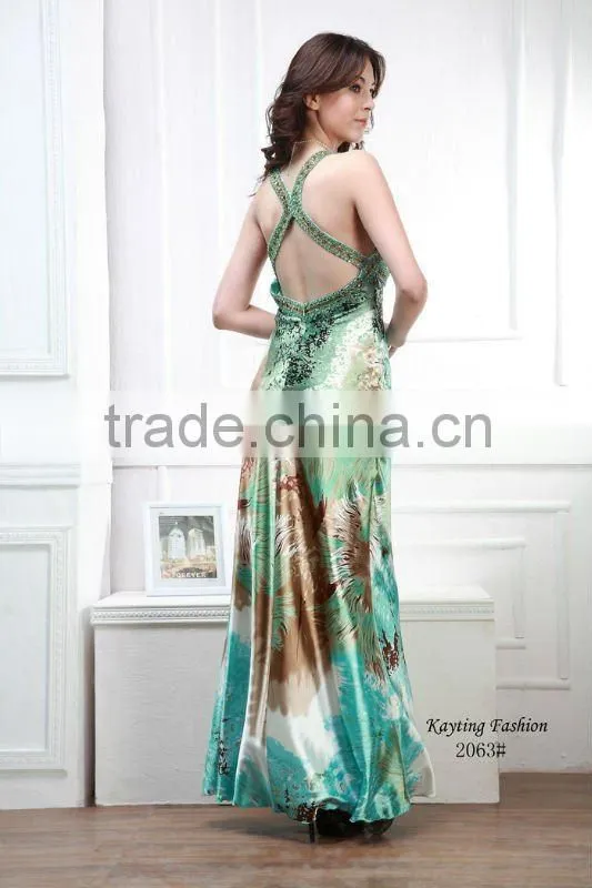 Sexy Backless fashion print satin beaded green evening dress 2063