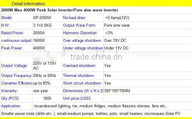 solar inverter 2000w pure sine wave 110V