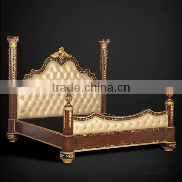 Exquisite Wooden Four Posted King Size Bed, Hand Painting Four-Poster Bed With Night Stand, Wood Carved Bedroom Furniture