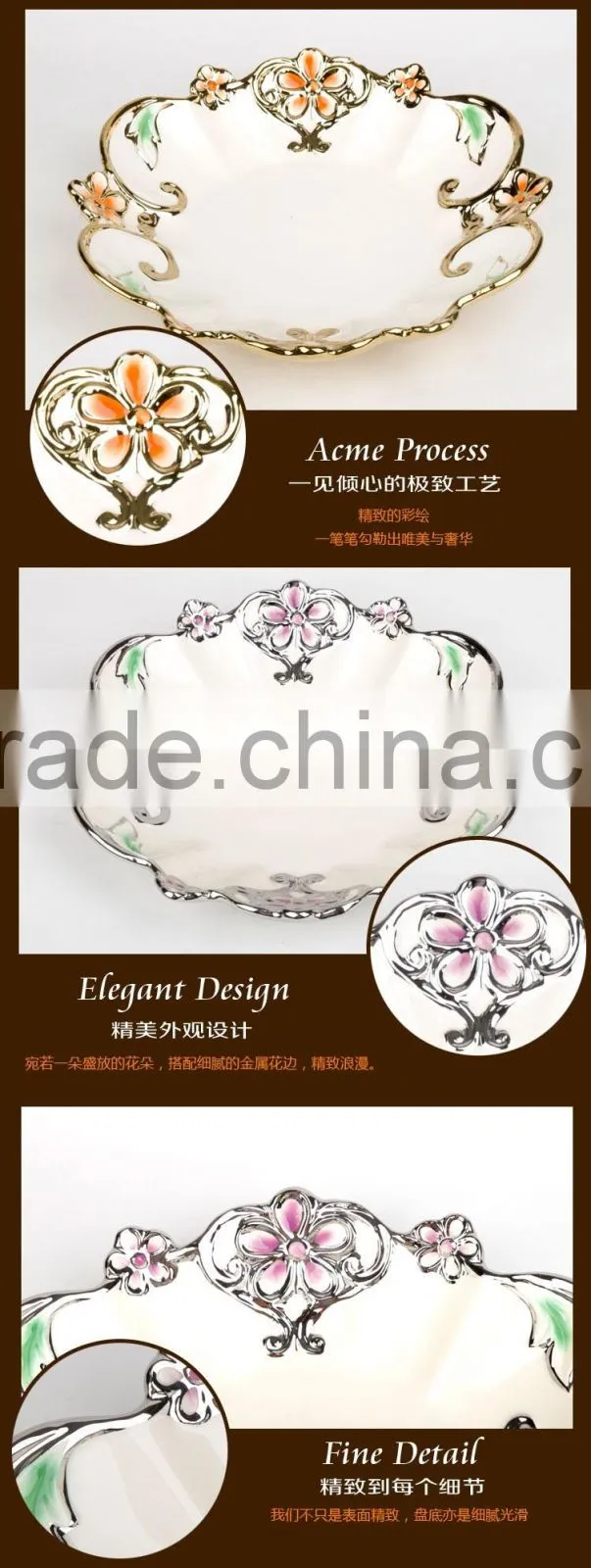 Hot sale restaurant ceramic plates/ bulk ceramic fruit plate electroplated