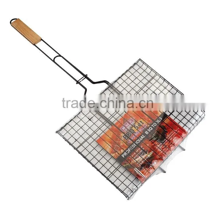 Non-stick coated mental wire grill basket for barbecue with wooden handle