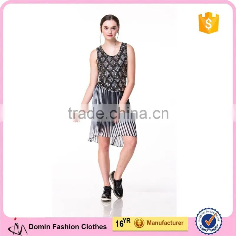 2017 New Arrival Lovely 2 Pieces set Christmas Beaded Top and Pleated White & Black Skirt