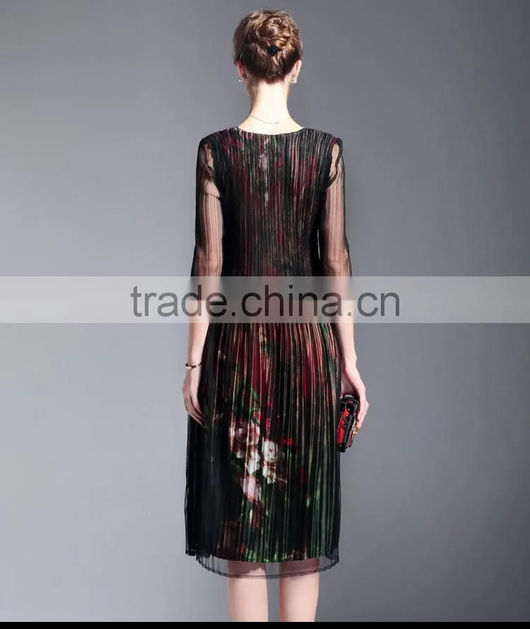 Grace flower printed false two pieces draped retro vintage dress for lady