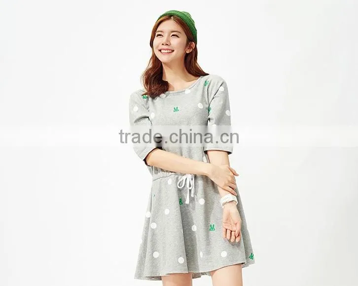 Female money shallow hemp grey knitted rabbit dot printing on the waist rope bat sleeve dress