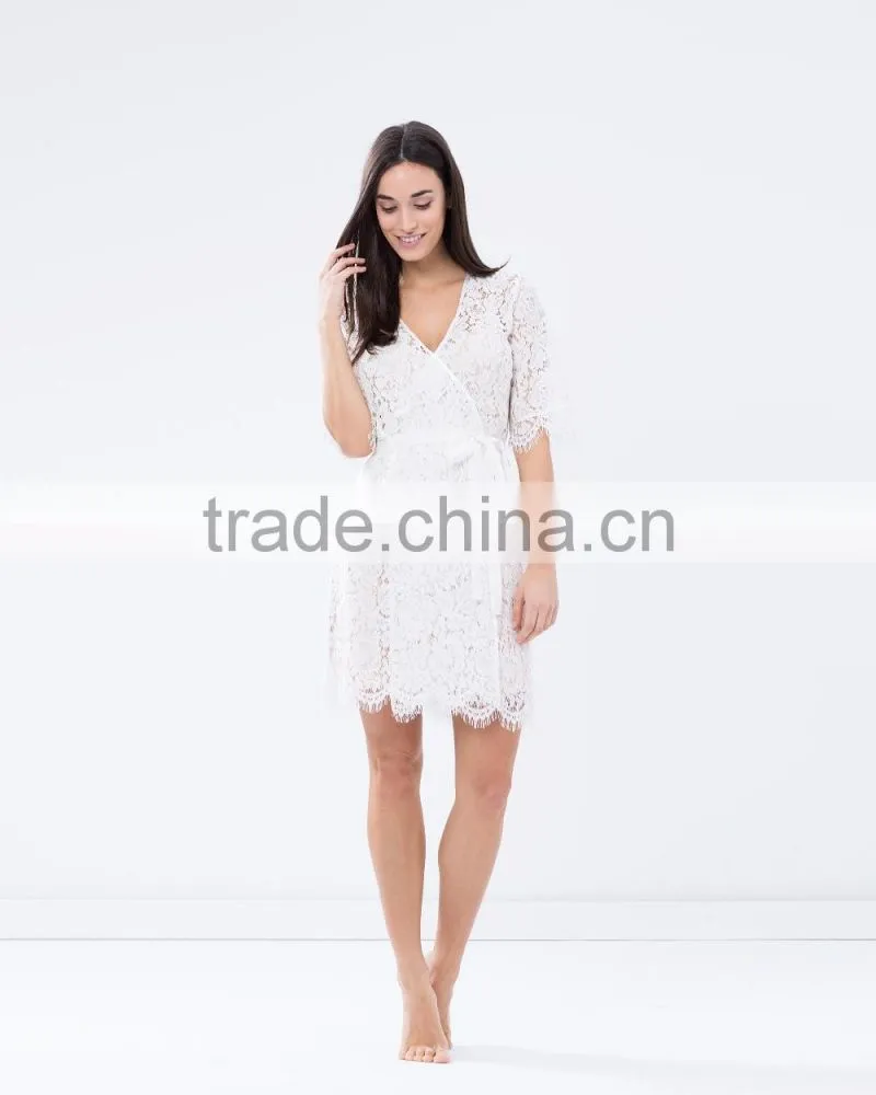 Regular fit adjustable straps wrap front lace robe fashion sleeping robe for women 2016