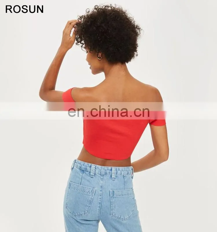 Ladies Lattice Front Knit Bardot Crop Top 2017