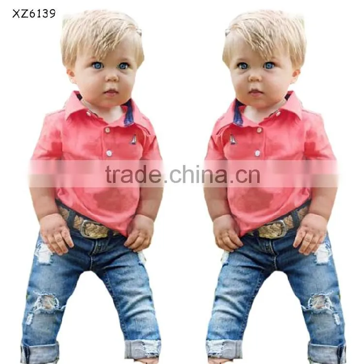 2016 New Arrival Fashion children clothing boy outfits handsome boy red cotton shirt+jean pants 2pcs suit set