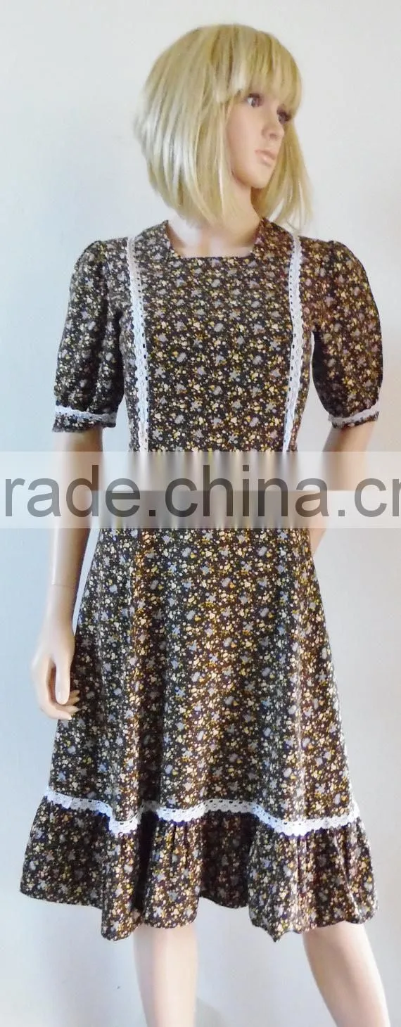 summer French petite midi 70s brown vintage women casual one piece dress in floral print
