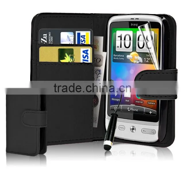 Set Screen Protector Stylus And Case For HTC Desire C , Dark Blue Leather Wallet Waterproof Case For HTC Desire