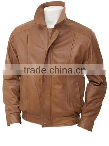 men's Tan Leather Collar Bomber Jacket