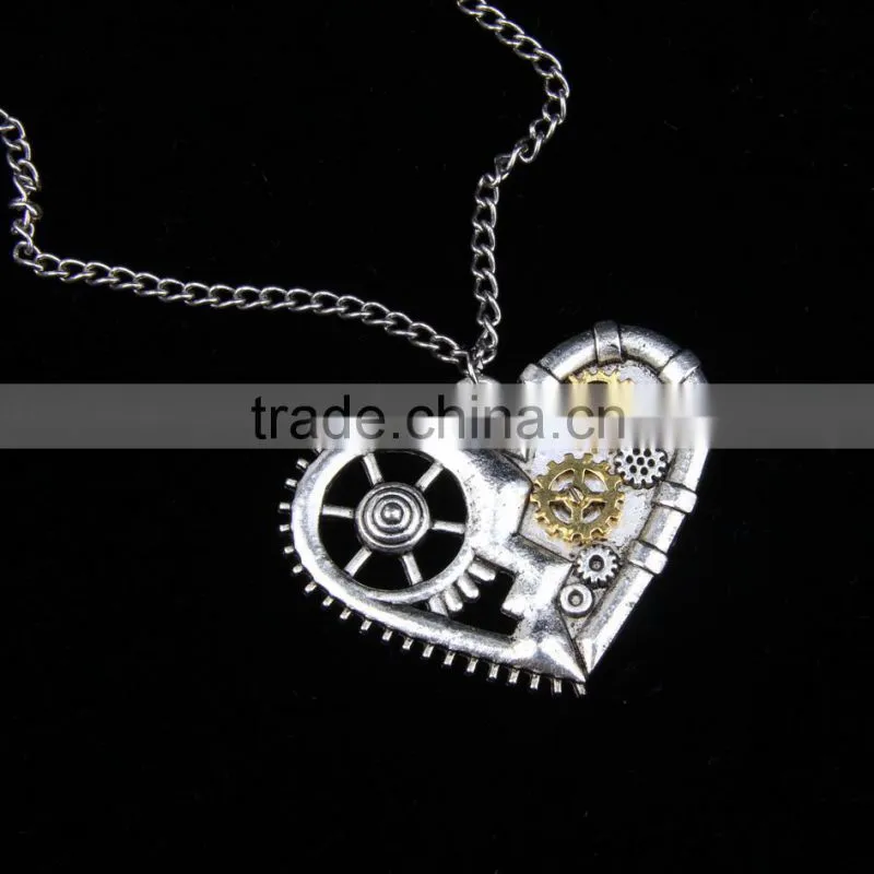 2015 yiwu fashion imitation jewelry hot sale steampunk necklace gear steam heart pendant cameo statement necklace