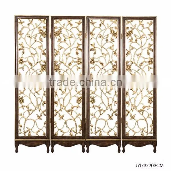 Elegant Gilt Wooden Floor Screen, Gold Painted Flower & Bird Four Panel Folding Screen, Curio Classic Furniture Decor Screen