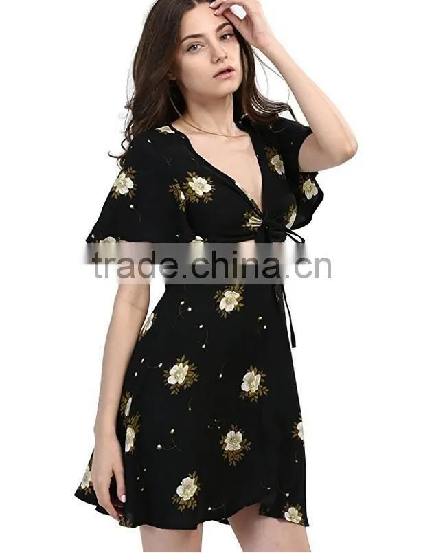 Online Shopping Ladies Fashion Clothing Vintage Chiffon Sexy Women's Flower Printing Black Crop Top Two Piece Dress