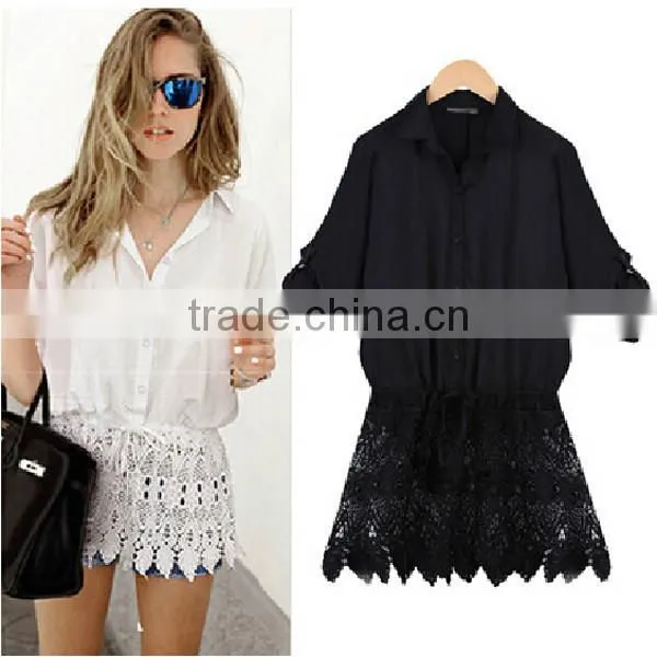 2015 Womens Tops Fashion Sexy Lace Hem Stitching Loose Bat Sleeve Chiffon Blouse Long Sleeve Casual Leisure Shirt