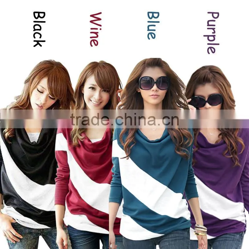 Fashion Women 2015 Clothes Spring Bat Sleeve Stitching Long Sleeves T-shirts Patchwork Stripe Casual Tops Blouses