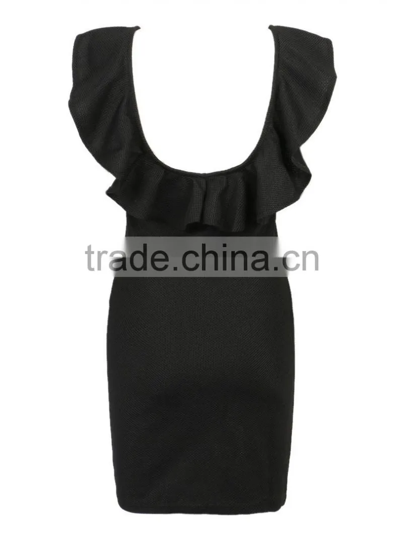 2016 Sexy Black Open Back Ruffle Knit Bodycon Evening Dress HSD2207