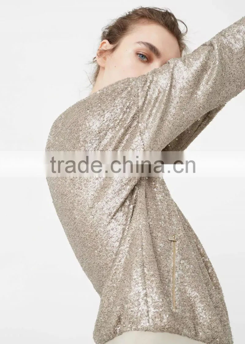 Wholan sliver sequins flight jackets oem reversible sequin fabric bomber jacket